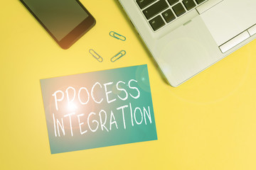 Text sign showing Process Integration. Business photo showcasing sharing of data and events between business processes Trendy open laptop smartphone small paper sheet clips colored background