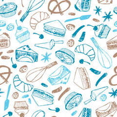 Vector white cakes and pastry seamless background repeat pattern. Perfect for fabric, scrapbooking and wallpaper projects.