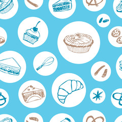 Vector blue cakes and pastry seamless background repeat pattern with round circles. Perfect for fabric, scrapbooking and wallpaper projects.