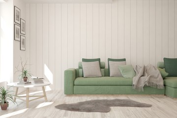 Stylish room in white color with sofa. Scandinavian interior design. 3D illustration