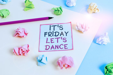 Word writing text It s is Friday Let s is Dance. Business photo showcasing Celebrate starting the weekend Go party Disco Music Colored crumpled papers empty reminder blue yellow background clothespin