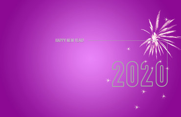 New Year 2020 Line Design Gold Clock Countdown mit funkelndem Feuerwerk purple silver Grußkarte