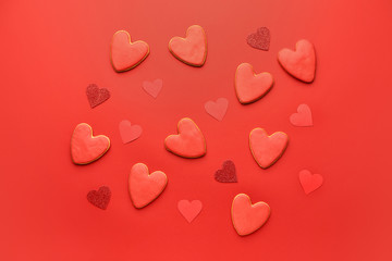 Heart shaped cookies for Valentine's day on color background