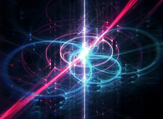 Futuristic concept of blue and red colored computer's waves, quantum computer concept, with depth of field