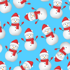 Realistic Detailed 3d Happy Snowman in Hat Seamless Pattern Background. Vector