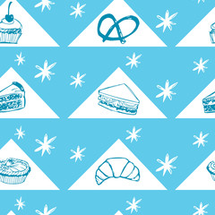 Vector blue cakes and pastry seamless background repeat pattern with triangles. Perfect for fabric, scrapbooking and wallpaper projects.