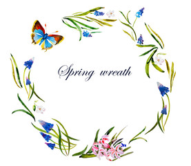 Spring floral watercolor wreath pattern on white background with  purple hyacinth and blue muscari flowers