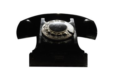 Old Soviet black phone closeup isolated on white background.