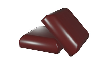 3D rendering two squared chocolate pieces on a white isolated background