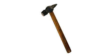 Old hammer with wooden handle isolated on white background.
