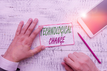 Conceptual hand writing showing Technological Change. Concept meaning increase in the efficiency of a product or process Hand hold note paper near writing equipment and smartphone