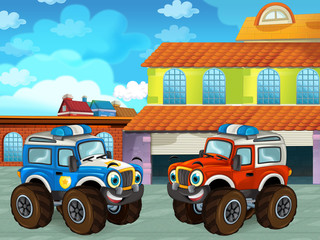 cartoon scene with car vehicle on the road near the garage or repair station - illustration for children © honeyflavour