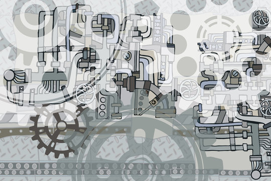 Abstract industrial factory or steampunk illustration with hand drawn elements featuring fictional pipes, gearwheels and machines on metal grating surface. 