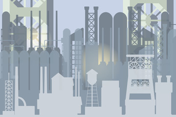 Abstract illustration with factory silhouette and  fictional gear wheels featuring heavy industry, metallurgy, mines, industrial revolution.