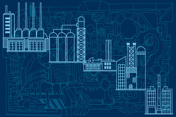 Fantasy technology or factory illustration with decorative sketch elements of machines and icons. 