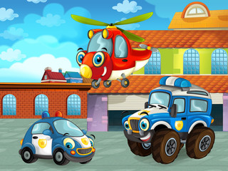 cartoon scene with car vehicle on the road near the garage or repair station with helicopter - illustration for children