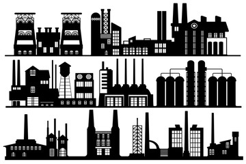 Abstract industrial panorama background, black and white silhouette. Line art illustration featuring  industrial landscape with mines and factories.