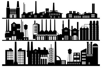 Obraz premium Abstract industrial panorama background, solid black and white silhouette. Line art illustration featuring fantasy industrial landscape with mines and factories or industrial revolution concept.