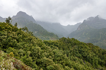 Obraz premium Beautiful landscape of green mountains in madeira island during rain
