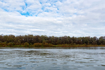 Landscape view of bank of calm river Don in Russia in autumn