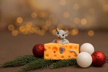 A toy mouse sits in cheese on a wooden starry background with a sprig of spruce and Christmas balls. Symbol of 2020.