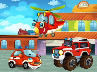 Obraz na płótnie Canvas cartoon scene with car vehicle on the road near the garage or repair station with helicopter - illustration for children