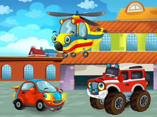 cartoon scene with car vehicle on the road near the garage or repair station with helicopter - illustration for children