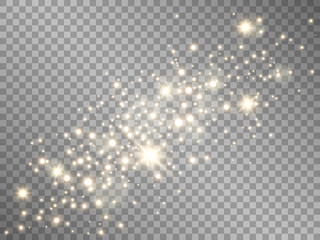 Gold dust on transparent background. Shining golden sparks and stars. Magic lights template. Luxury sparkling elements. Glowing particles and glare. Vector illustration