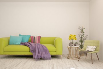 Stylish room in white color with sofa. Scandinavian interior design. 3D illustration