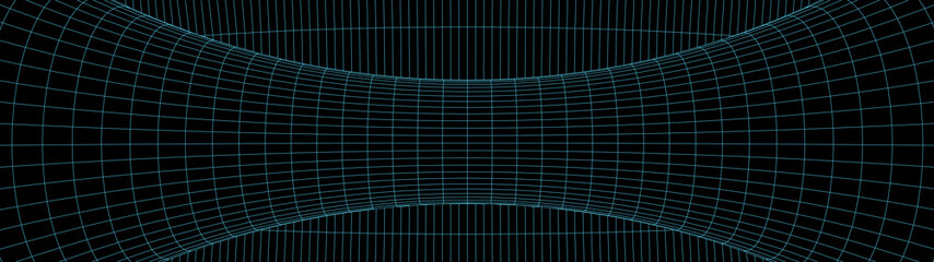 Vortex. Vector perspective curved grid. Wireframe abstract tunnel. 3D vector wormhole with a mesh structure.