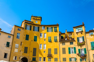 Beautiful colorful building on square - Piazza dell Anfiteatro in Lucca. Tuscany, Italy - 310291367