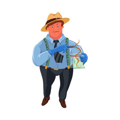 A classic fat detective in a brown hat collects evidence into a bag. Vector colorful illustration in cartoon style.