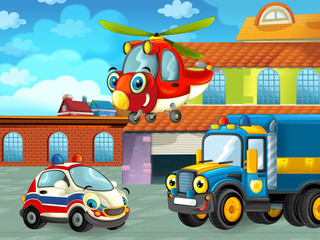 Obraz na płótnie Canvas cartoon scene with car vehicle on the road near the garage or repair station with helicopter - illustration for children