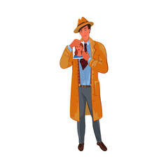 Detective shows a photo with a portrait of a girl. Vector colorful illustration in cartoon style.
