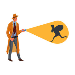 Detective holding a flashlight and shines on a robber. Vector colorful illustration in cartoon style.