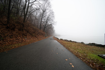 Autumn landscape. Morning fog by the river and road