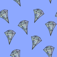 Gemstone pattern. Seamless illustration. Pale crystal on blue background. Flat design gemstone. Pattern can be used as wrapping paper, background, fabric print, web page backdrop, wallpaper