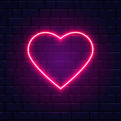 Neon pink heart. Night neon signboard on brick wall background with backlight. Retro red neon heart sign. Romantic design for Happy Valentines Day. Night light advertising. Vector illustration