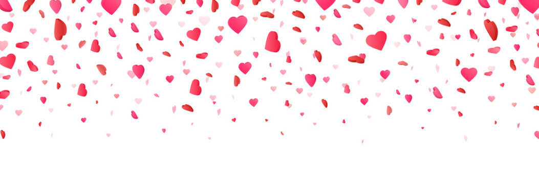 Heart confetti border. Flower petal in shape of heart. Valentines Day background with 3d pink heart falling on white background. Color confetti for greeting cards. Vector illustration