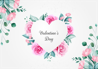 Horizontal flowers valentine's day background with heart floral frame. Watercolor flowers decoration multipurpose for wedding invitation or banner template vector