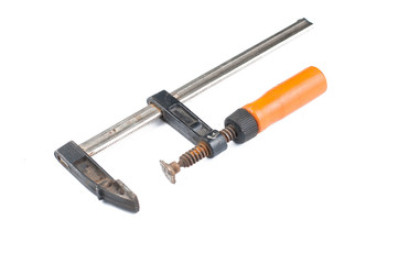 Carpentry clamp isolated on white background.Copy space