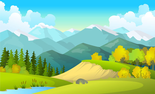 Vector illustration of beautiful summer fields landscape with a dawn, green hills, bright color blue sky, country background in flat cartoon style banner