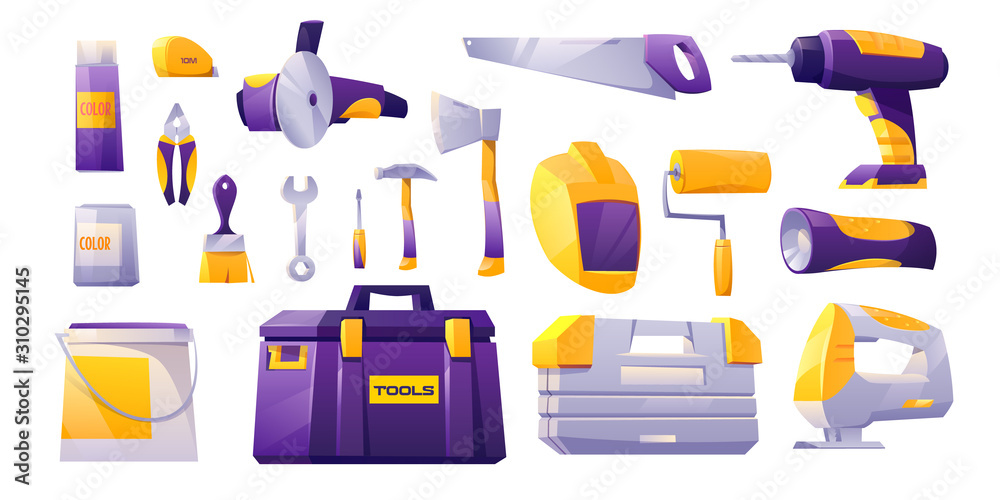 Wall mural Tools set, hardware construction shop instruments drill hammer saw wrench toolbox flashlight paints. Diy supplies for carpentry works isolated on white background. Cartoon vector illustration clip art