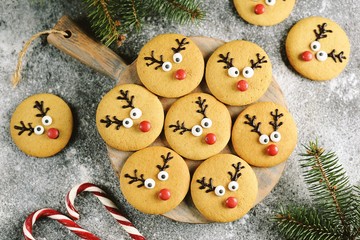 Obraz na płótnie Canvas Cute New Year and Christmas gingerbreads Santa Deer. Homemade Christmas baking.