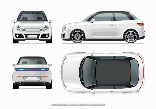 Modern compact city car mockup. Side, top, front and rear view of realistic small white noname car isolated on white background.