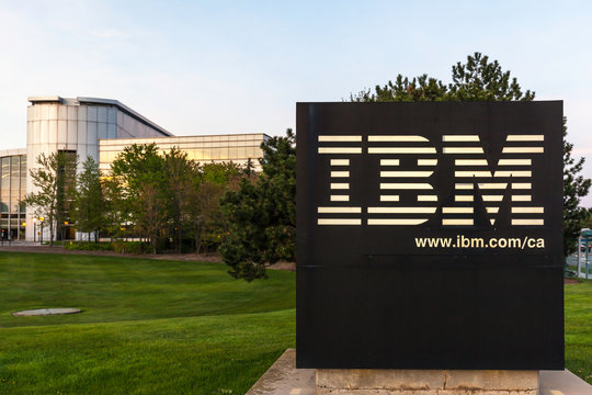 Exterior View Of IBM Sign At IBM Canada Head Office On May 16, 2018 In Markham, Ontario, Canada. 