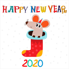 New year and Christmas card with cute mouse. Cartoon mouse winter print. Cartoon greeting card with symbol of 2020 year.