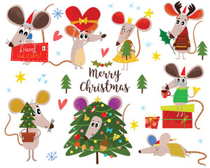 Christmas cartoon mouses collection. Winter hand drawn set of cute symbol of 2020 year. New Year mice and decorations.