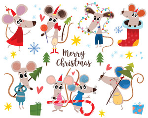 Christmas cartoon mouses collection. Winter hand drawn set of cute symbol of 2020 year. New Year mice and decorations.