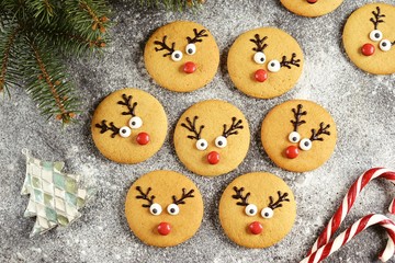 Cute New Year and Christmas gingerbreads Santa Deer. Homemade Christmas baking.